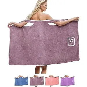 Wearable bath Towel , quick dry bath wraps shower skirt, Women's After Shower Robe ,Off Shoulder Bathrobe Dress,Cute Pocket Design,S Size,Purple