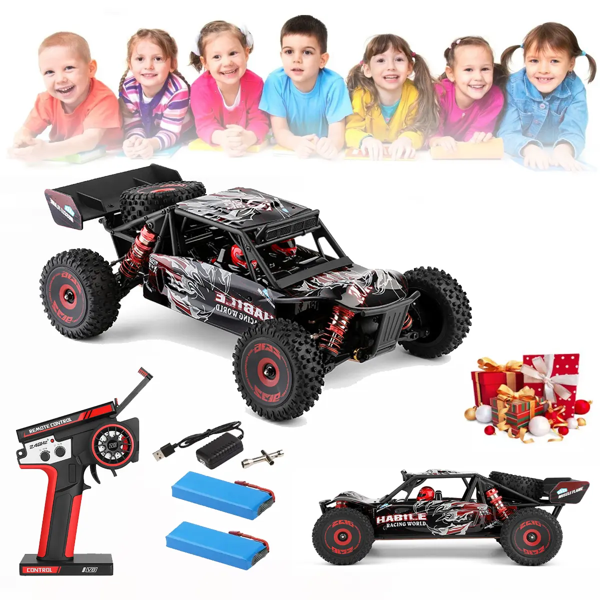 NEW USA WLtoys 124016 Brushless RC Car Remote Control Drift 75 KM/H 2.4G 4WD Electric High-Speed Off-Road Drift Racing Toy with Independent ESC Rubber Tires 2 Batteries for Outdoors and Gifts