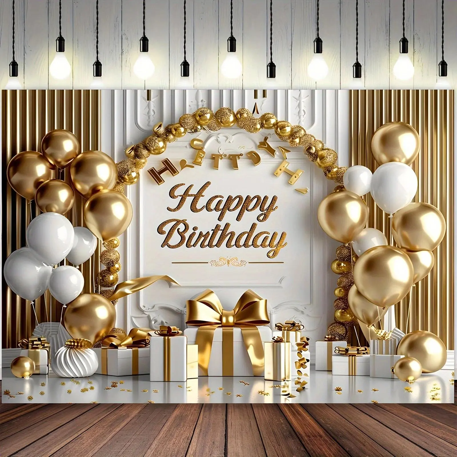 Happy Birthday Backdrop Gold White Balloon Bow Tapestry Wall Hanging Polyester Photography Background Party Decor Celebration Studio Event Home Indoor Outdoor Banner Prop