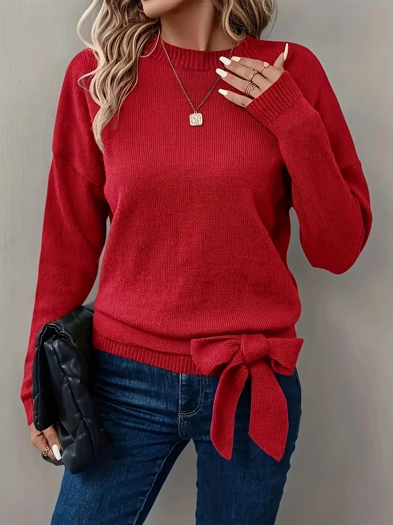 Women's Fall Winter Casual Round Neck Knit Sweater, Side Tie Waist Slimming Long Sleeve Top, Fashion Fitted Solid Pattern