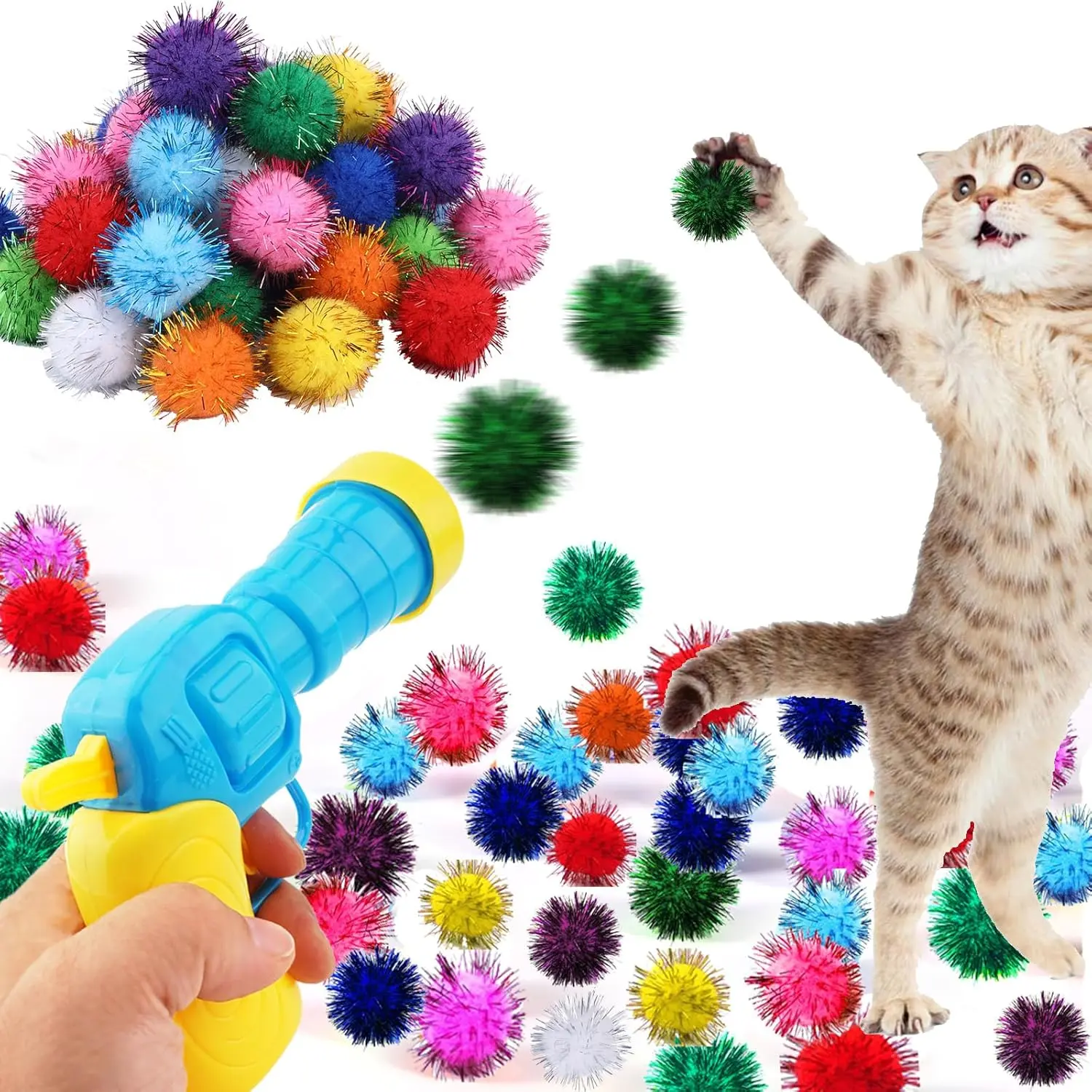 Launcher, 30 count Sparkle Pom Pom Balls and  Ball Launcher,  Fetch   Shooter for Indoor, Interactive Glitter Pom Pom Balls for Kitty Gifts