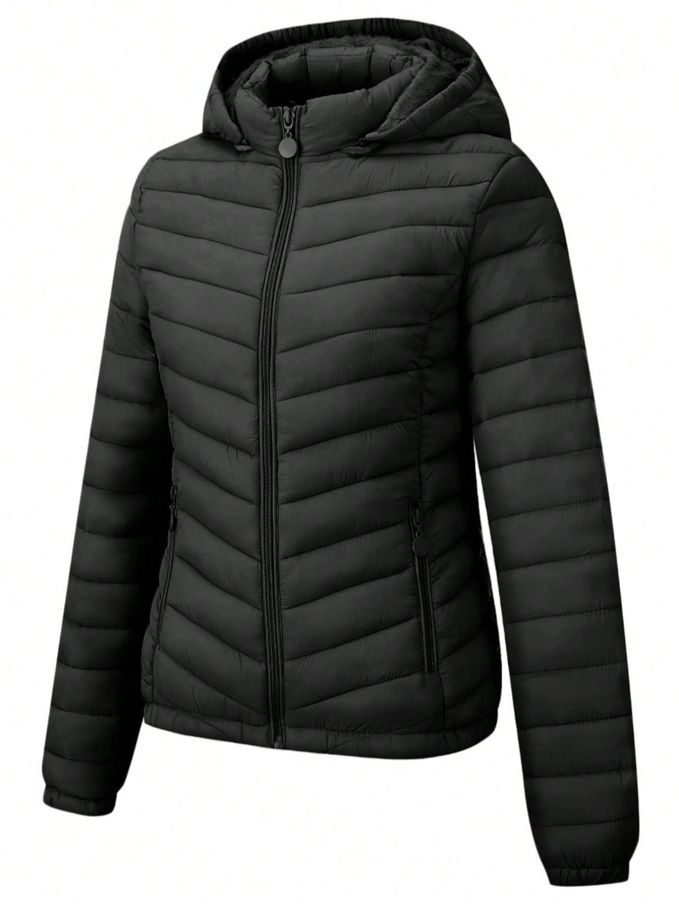 Women's Minimalist Warm Hooded Cotton Fitted Jacket, Casual Long Sleeve Coat for Spring & Fall, Ladies Fashion Outerwear for Daily Wear