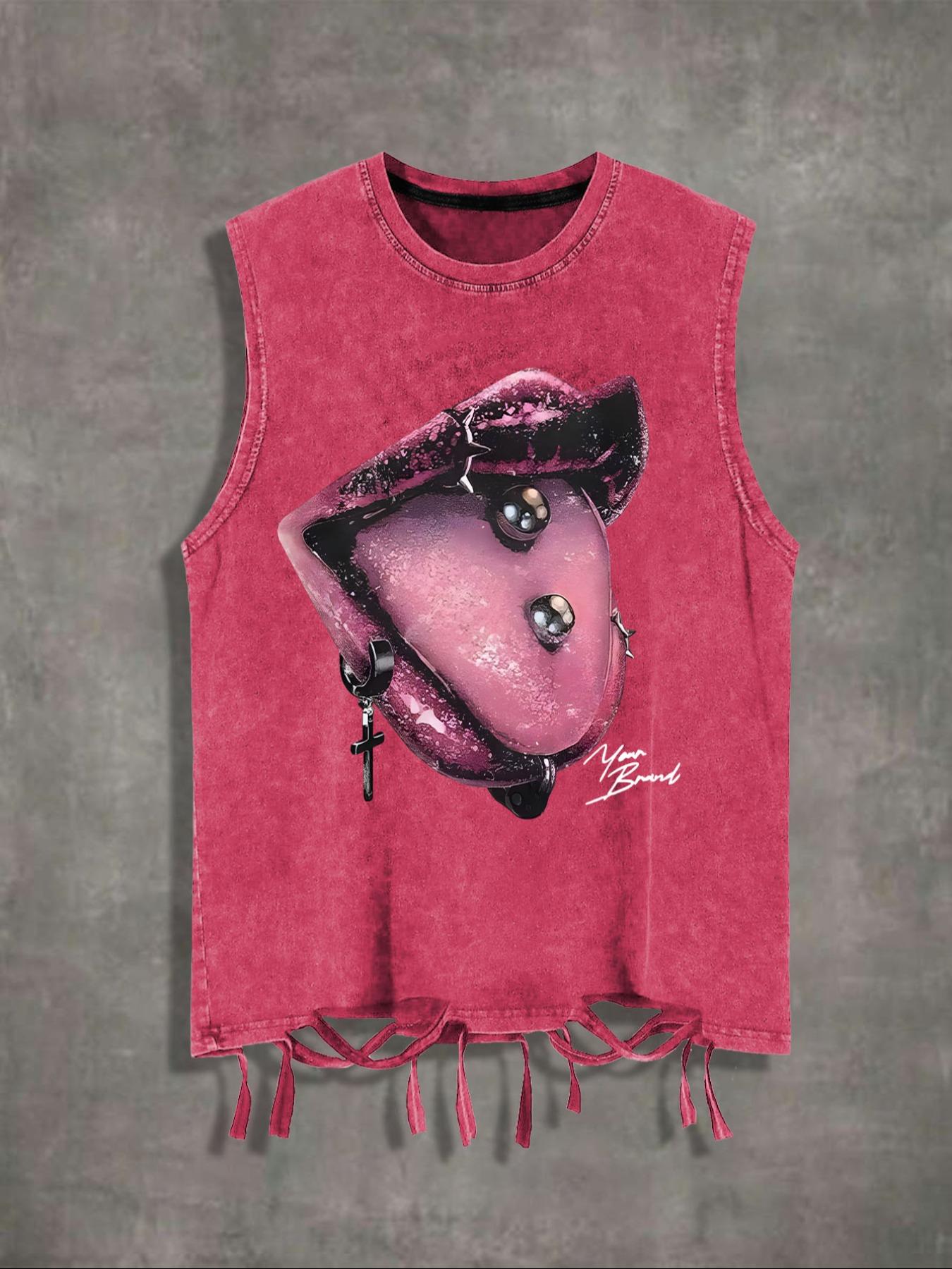 Men's Cartoon Lip Print Round Neck Tank Top, Regular Fit Street Fashion Casual Sleeveless Top for Summer, Men's Clothes for Daily Wear, Solid Sleeveless Menswear, Cotton Breathable Tank Tops, Streetwear Tank Vest