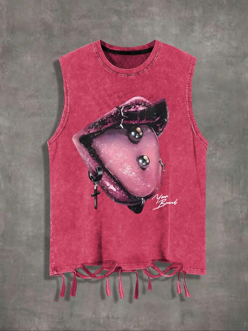 Men's Cartoon Lip Print Round Neck Tank Top, Regular Fit Street Fashion Casual Sleeveless Top for Summer, Men's Clothes for Daily Wear, Solid Sleeveless Menswear, Cotton Breathable Tank Tops, Streetwear Tank Vest