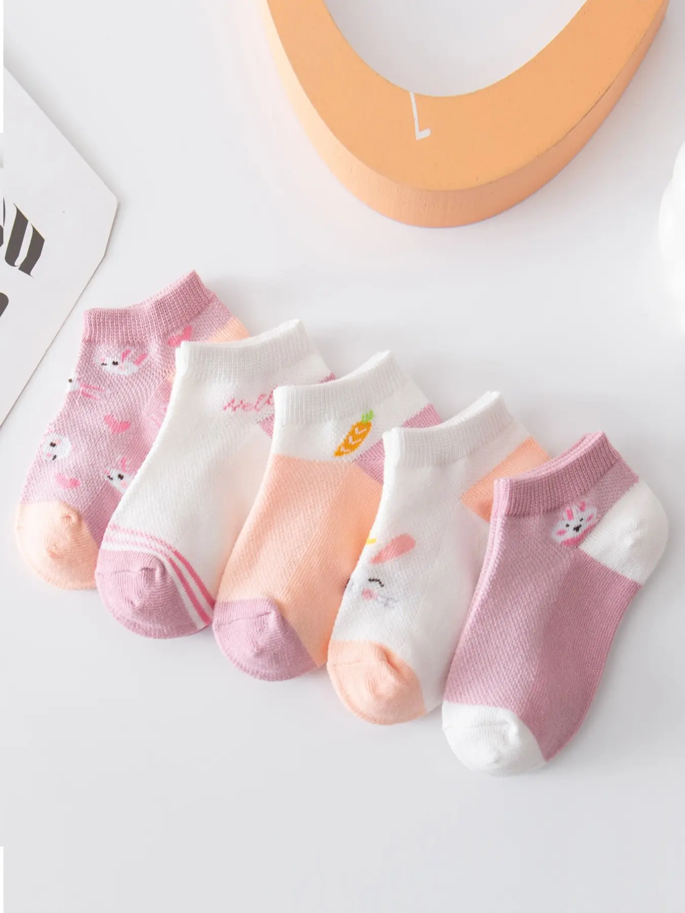 5 Pairs Girls' Lace Trim Low Top Ankle Socks, Summer Thin Cartoon Rabbit Socks, Breathable Mesh, Cute and Adorable, Breathable Soft Socks, All Seasons, Graphic Ankle Socks, Casual Soft Socks