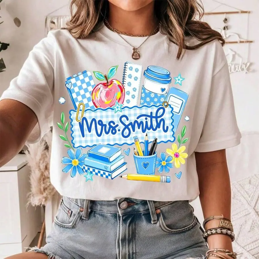 Women's Teacher T-Shirt, Personalized Casual Graphic Print, Comfortable Shortsleeve Cotton Spandex for Back to School Gift, Smooth, Everyday