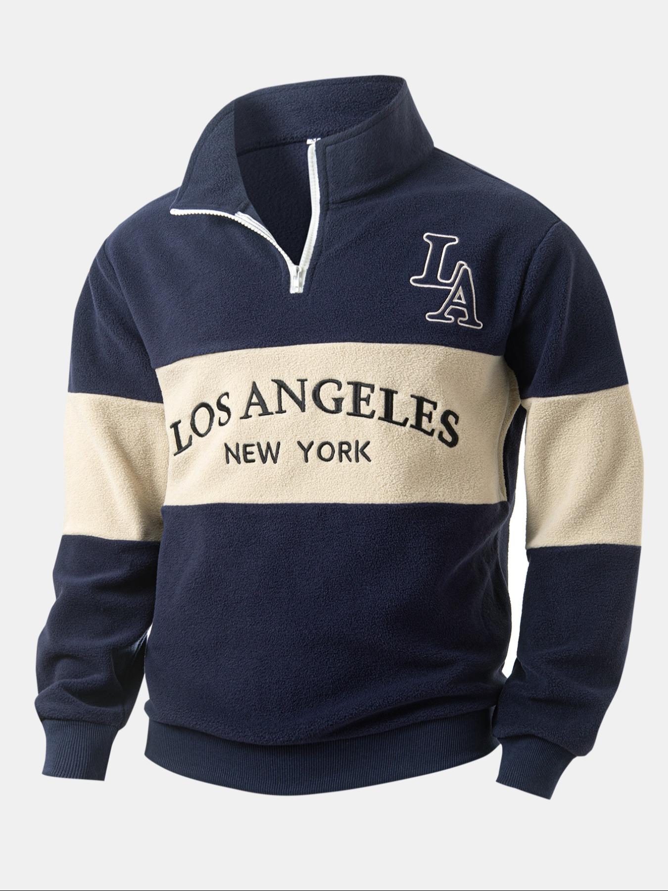 Thickened Polar Fleece Colorblock Letter Embroidery Zipper Hoodie Jacket, Fall Winter Outerwear, Soft Comfortable Fabric, Casual Outdoor Sports Wear