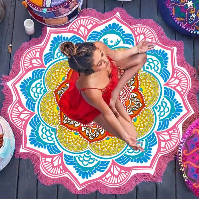 Retro Ethnic Tassel Print Polyester Blend Round Yoga Mat - 150cm Polygon Print Round Bath Towel for Yoga/Pilates