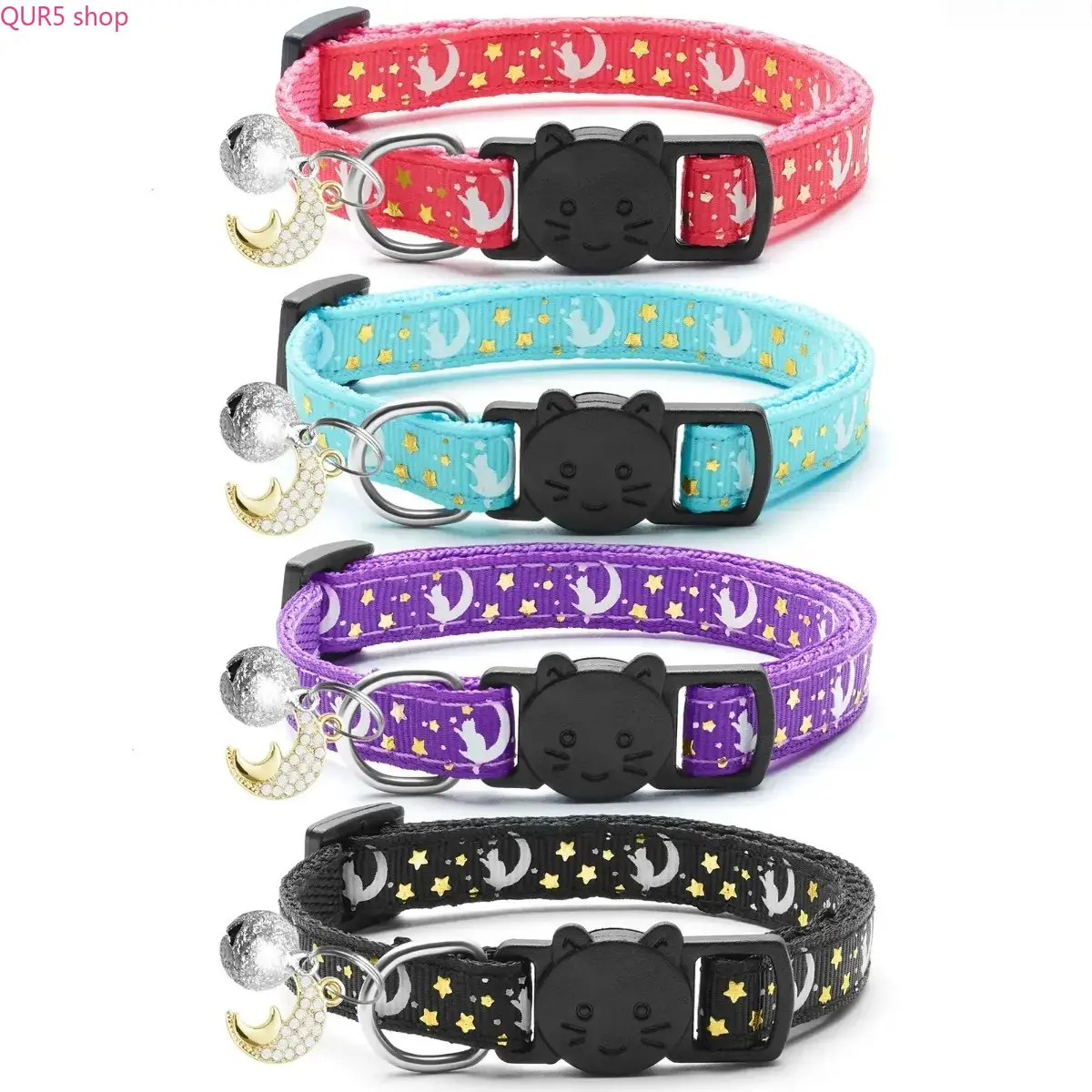 4 Pack Breakaway Safety Cat Collars paired with luminous glowing moon pendants, adjustable soft collars sized for kittens and small cats, cute unisex pet daily accessories fit male and female cats. Leashes and harnesses are not included in the package.
