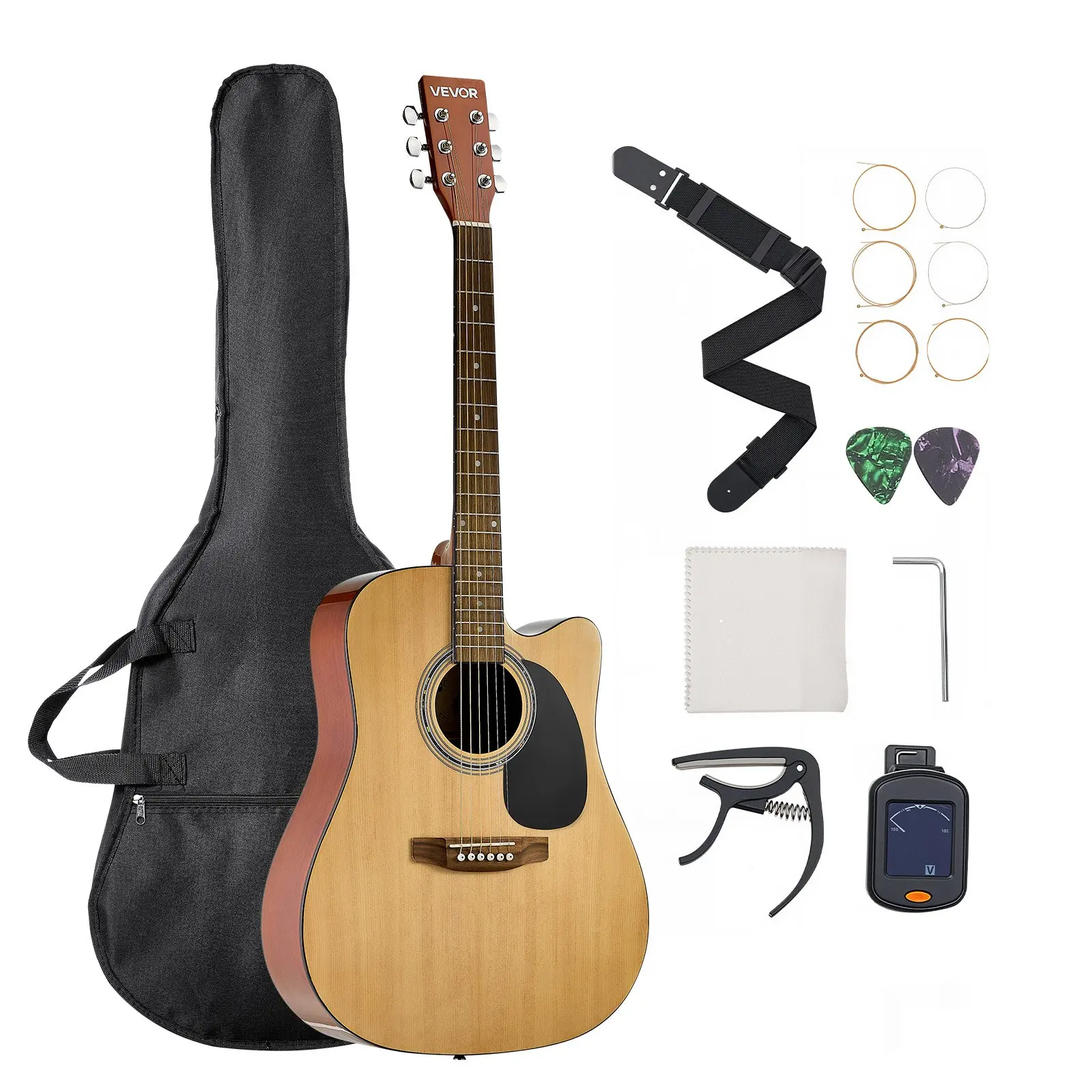 【DealsForYouDays】VEVOR Cutway Acoustic Guitar, 41 in, 6-String, Natural Solid Spruce Top Guitar, Beginner Bundle with Gig Bag, Tuner, Strap, Steel Strings, Picks, Capo, Rosewood Fingerboard, for Fingerstyle Solo Jazz