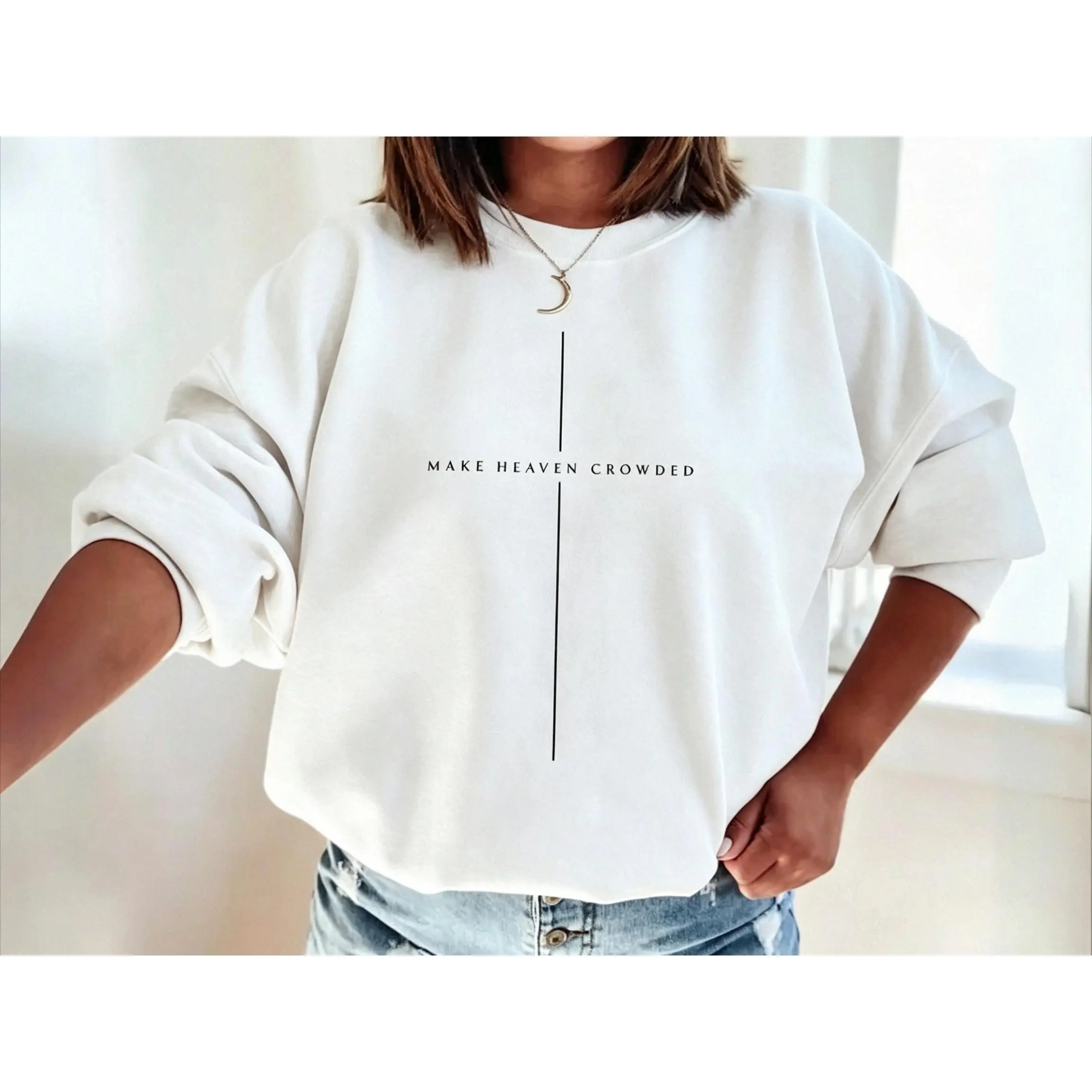 Crewneck Sweatshirt for Women, Make Heaven Crowded Cross Graphic Sweatshirt, Minimal Faith Letter Print Graphic Sweatshirt, Soft Casual Pullover Sweatshirts for Women for Religious Daily Wear