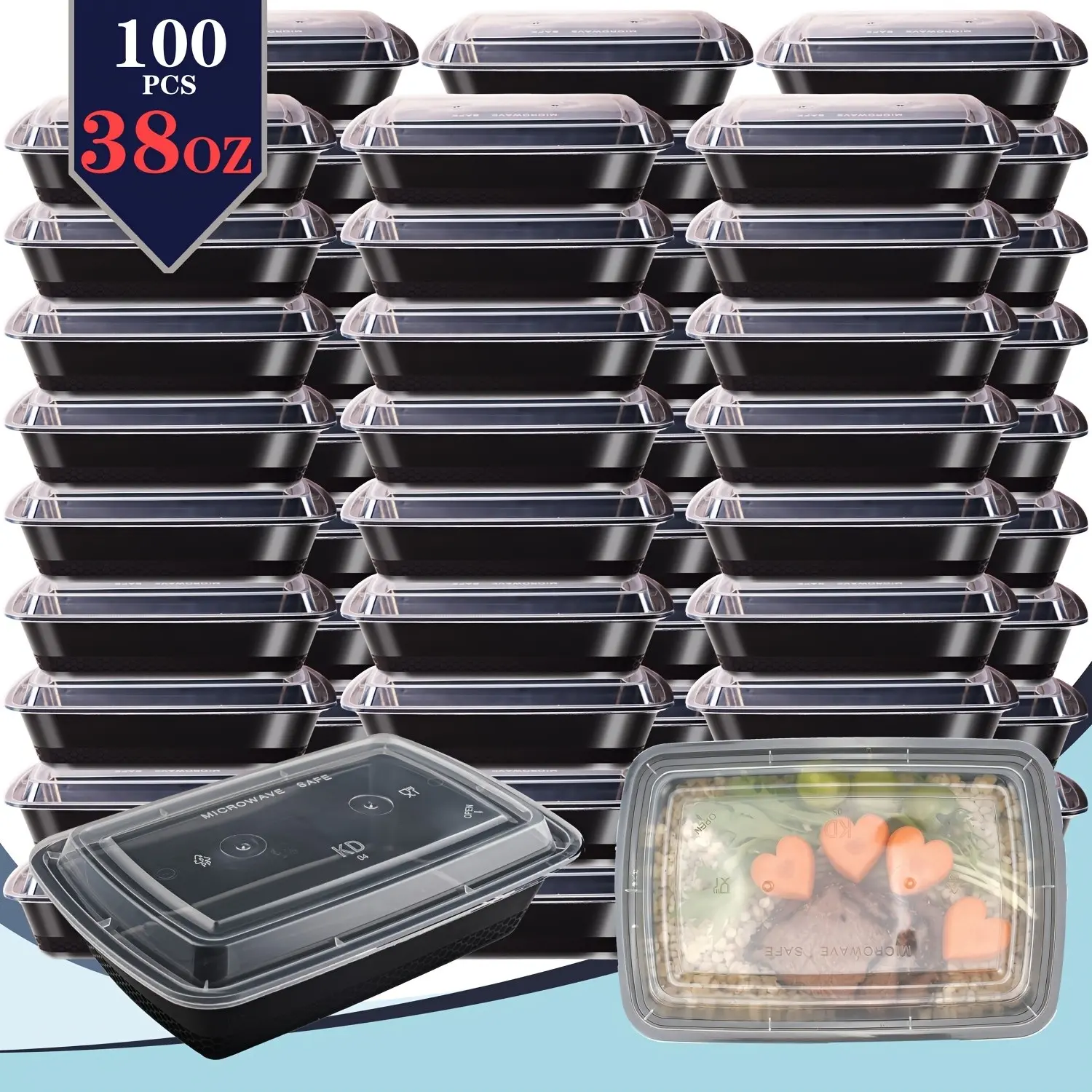 100pcs (50 Containers & 50 Lids) Black Rectangular Meal Prep Containers 38oz Stackable and Leakproof Food Storage Container Set Disposale Bento Box Ideal for Takeout and Meal Prep Microwave & Dishwasher & Freezer Safe