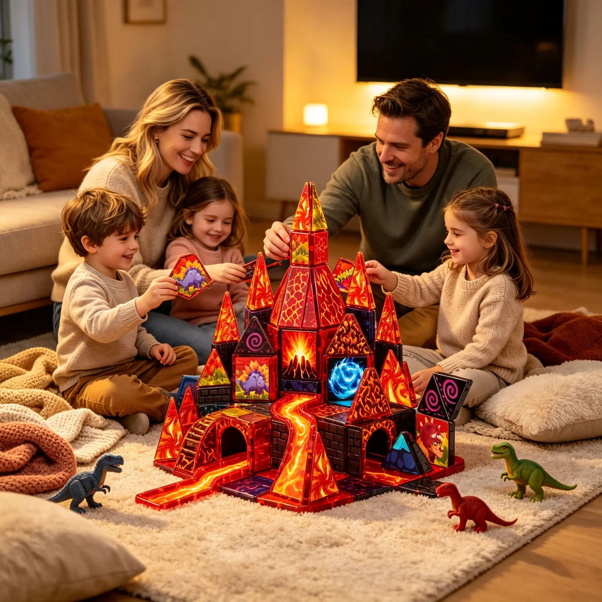 36PCS Dinosaur Volcano Magnetic Tiles Building Blocks Set STEM Learning Toy for Kids Portable Storage Tin Box 3D Construction Educational Toy Sensory Learning Gift for Boys Girls Ages 3+
