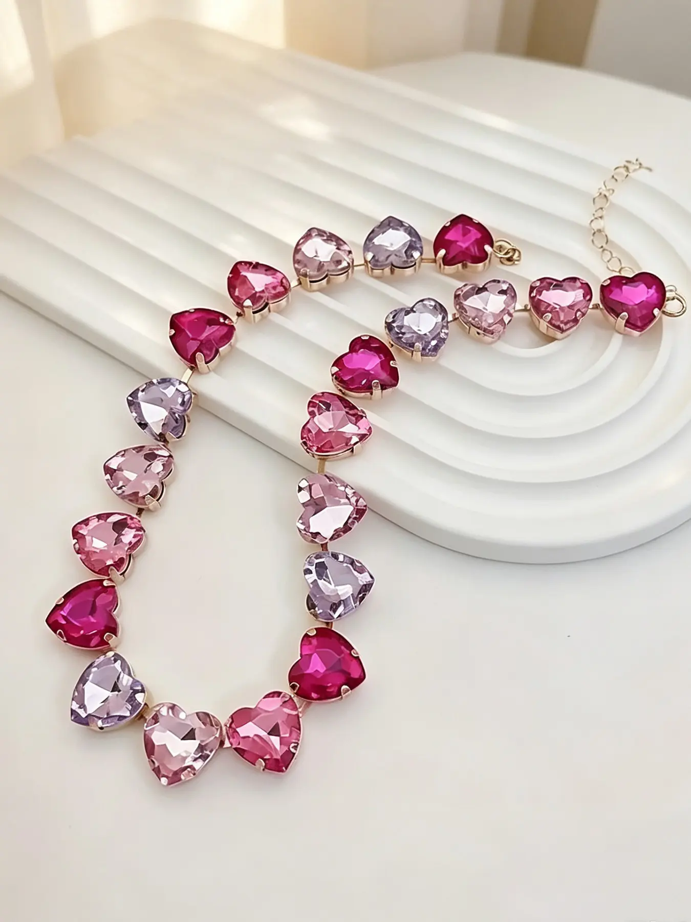 1 Piece Gradient Pink Purple Heart Crystal Choker Necklace, Multi Color Heart Shape Stone Tennis Necklace, Sweet Women Party Fashion Jewelry