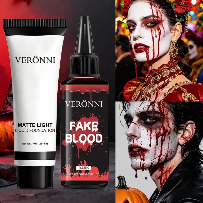 Veronni Halloween Horror Makeup Set, Matte Foundation 37ML + Fake Blood Plasma 50ML, Perfect for Cosplay, Stage, Photography
