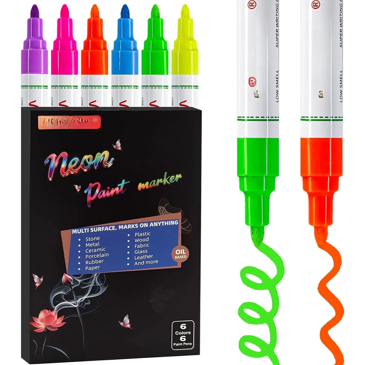Neon  Markers - 6 Colors Oil-Based  Pens, Medium Tip, Quick Drying and  Permanent UV Marker for Plastic, Glass, Rock, , Canvas, Metal, Pumpkin