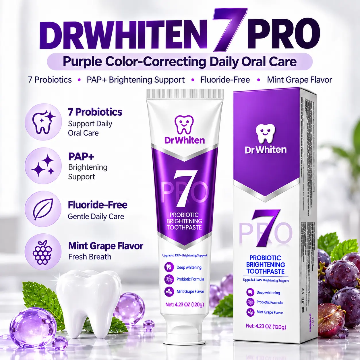 DrWhiten New 7-Probiotic Brightening Toothpaste | Purple Toothpaste Helps Balance Yellow Tones | Fresh Breath & Color-Correcting Formula | Fluoride-Free | 4.23 oz