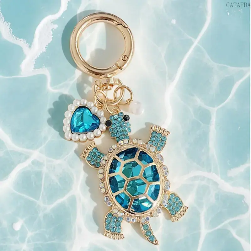 Ocean Turtle Rhinestone Keychain with Heart Charm, Animal Shiny Bag Pendant, Fashion Key Holder, Perfect Accessory Gift