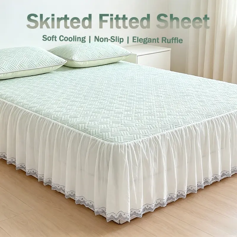 Pastel Solid Color Lace Ruffle Cooling Bed Skirt, Heat Dissipating Ice Silk Cool Fabric, Flowy Decorative Dust Ruffle Mattress Pad with Matching Pillowcases, Machine Washable Summer Bedding
