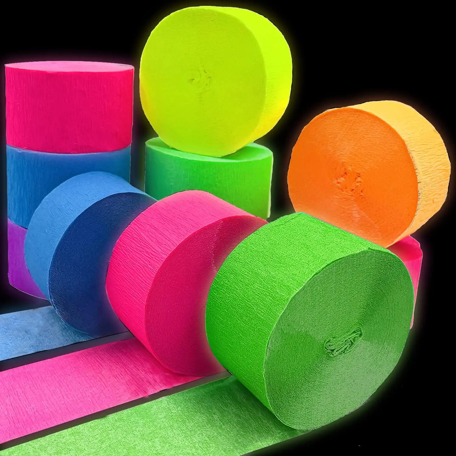 600  Glow Crepe Paper Streamers UV Glow Party Neon Streamer Decorations Glow in The Dark Black Light Reactive Fluorescent Neon Paper Party Streamers Wedding Birthday Blacklight Party Supplies