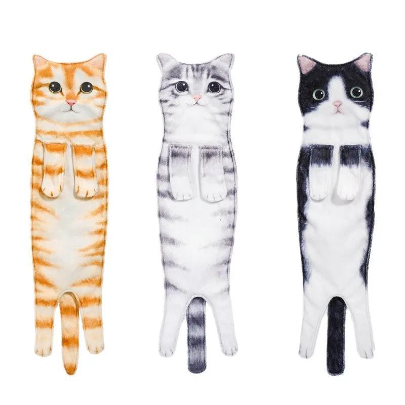 Funny Cat Hand Towels Kitchen Bathroom Hand Towel Quick Dry Soft Absorbent Microfiber Cat Shape Wipe Hands Towel For Cat Lovers