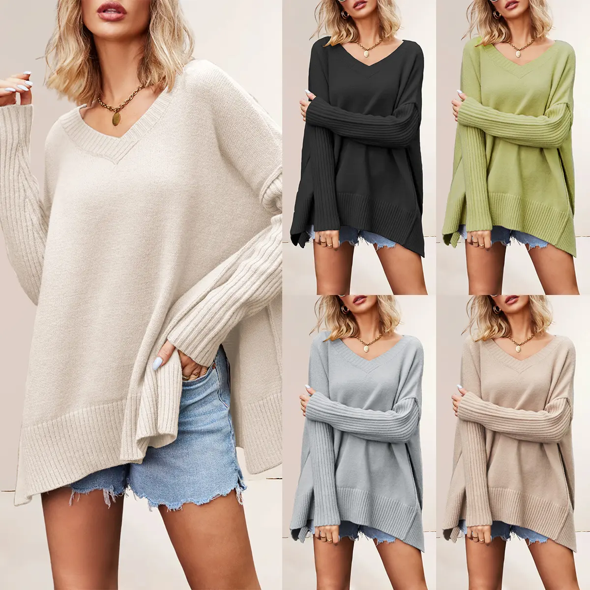 Europe, America, new loose pullover sweater knitted sweater top solid color V-neck women's clothing autumn and winter Knitwear Womenswear