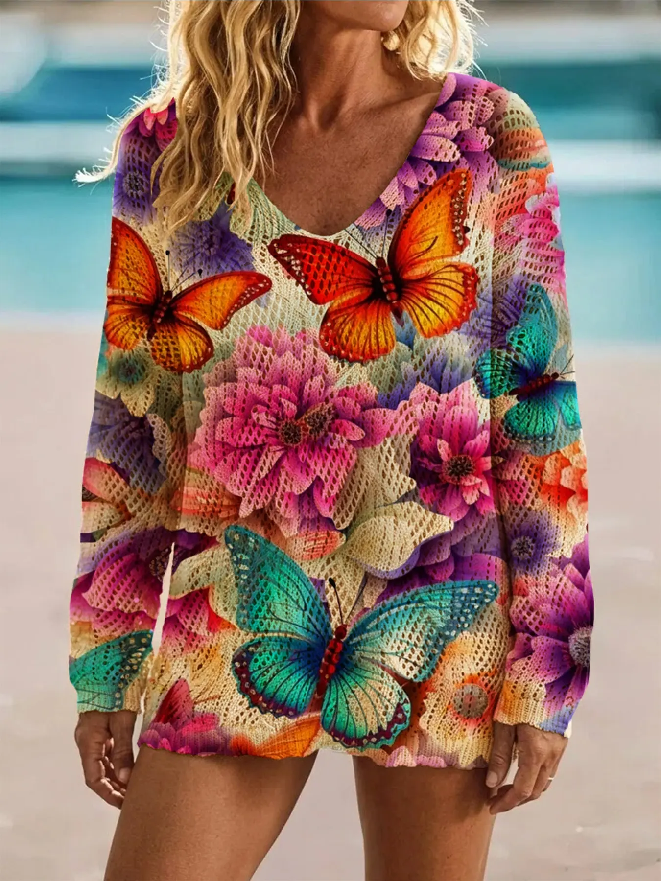 Women's Elegant Butterfly Print V-Neck Sweater Knitwear, Casual Long Sleeve Knit Top, Breathable Fashion for Spring Summer Fall, Hollow Out Design