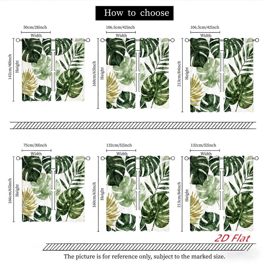 2Pcs Tropical Botanical Gold Green Leaf Sun Blocking Curtains Digital Printed Rod Pocket, Window Treatment For Bedroom Office Kitchen Living Room Study Home Decor