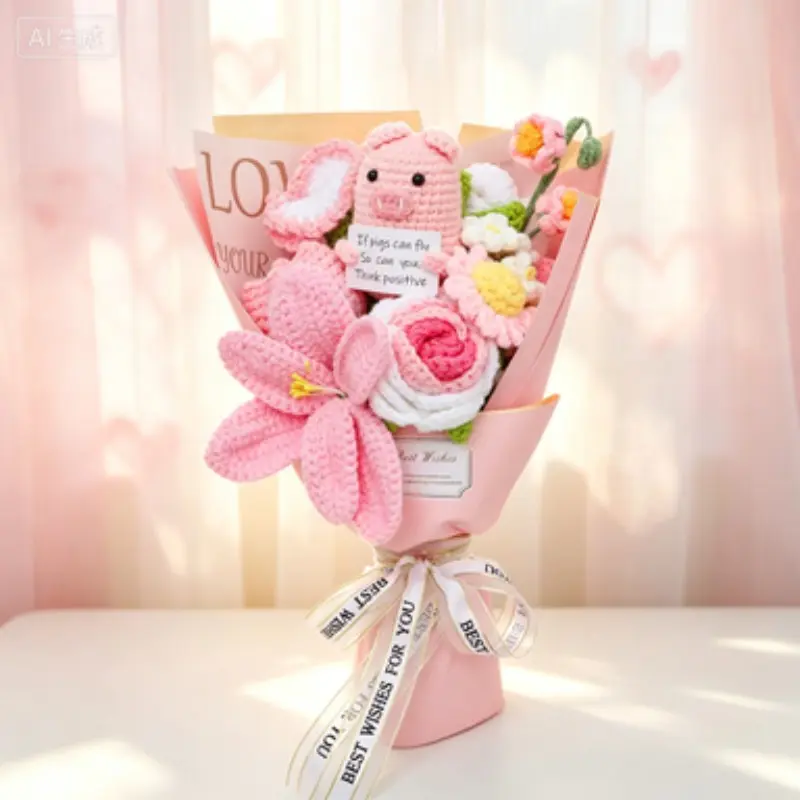 Handmade Crochet Cartoon Pig Flower Bouquet, Yarn Woven Realistic Rose Lily Bouquet, Creative Doll Finished Bouquet, Birthday Gift Decor