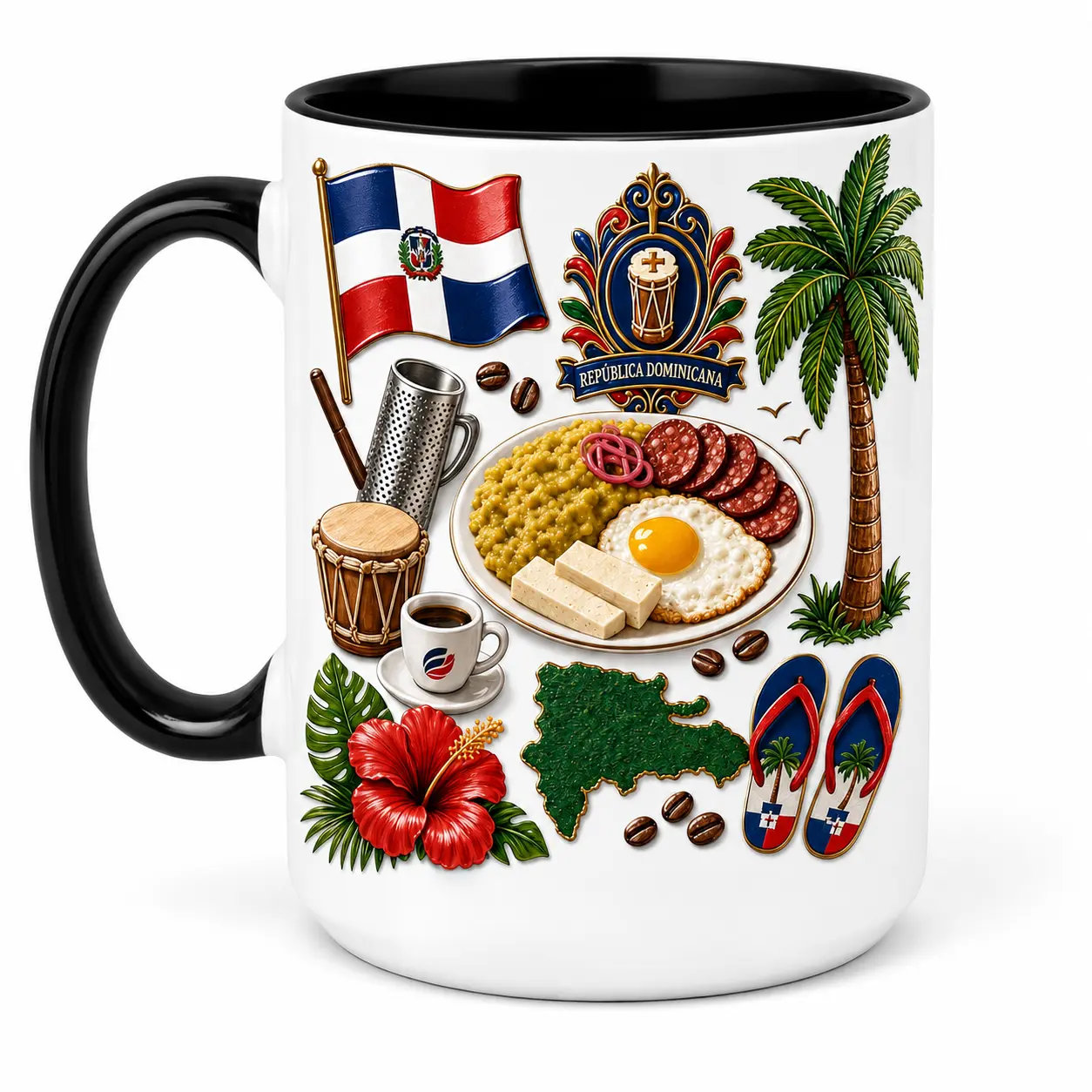 Dominican Republic Pride White Ceramic Mug, 11oz 15oz Coffee Mug with Black Handle, República Dominicana Printed Design, Latino Hispanic Gift Tea Cup