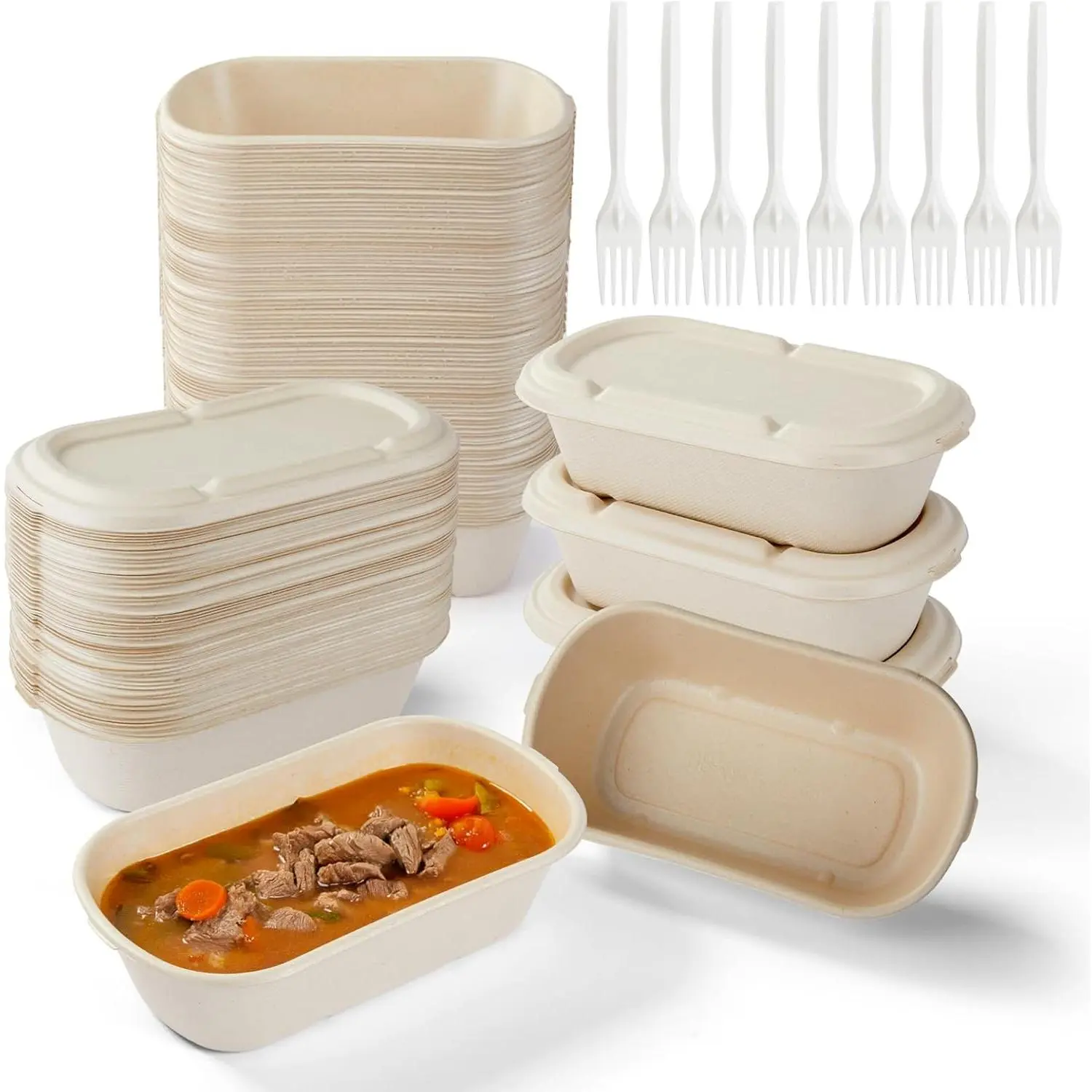 34 oz Disposable  Containers with , Upgraded Water-Coated Sugarcane Bagasse, Oil &  Resistant, Microwave & Oven Safe up to 300°F, Compostable Meal Prep Boxes with 50 Cornstarch Forks