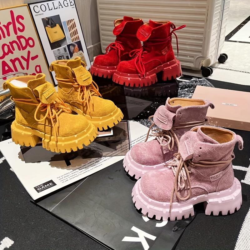 Women's Chunky Platform Motorcycle Boots - Thick-Soled Round-Toe Lace-Up Ankle Boots with Candy-Colored (Yellow/Mustard/Pink/Lavender) Rubber Sole & Fabric Upper - Workwear-Inspired Winter-Ready Shoes for Jeans & Dresses