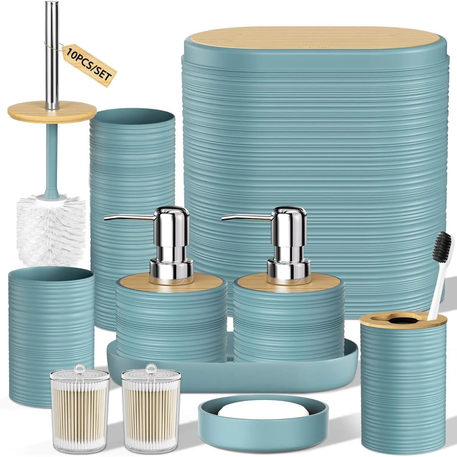 Light Blue Bathroom Set - 10 count Bathroom Accessories Set, Luxury Bathroom Accessory Set with Trash Can,Toilet Brush & 2 count Soap Dispensers for Apartment Decor and Housewarming