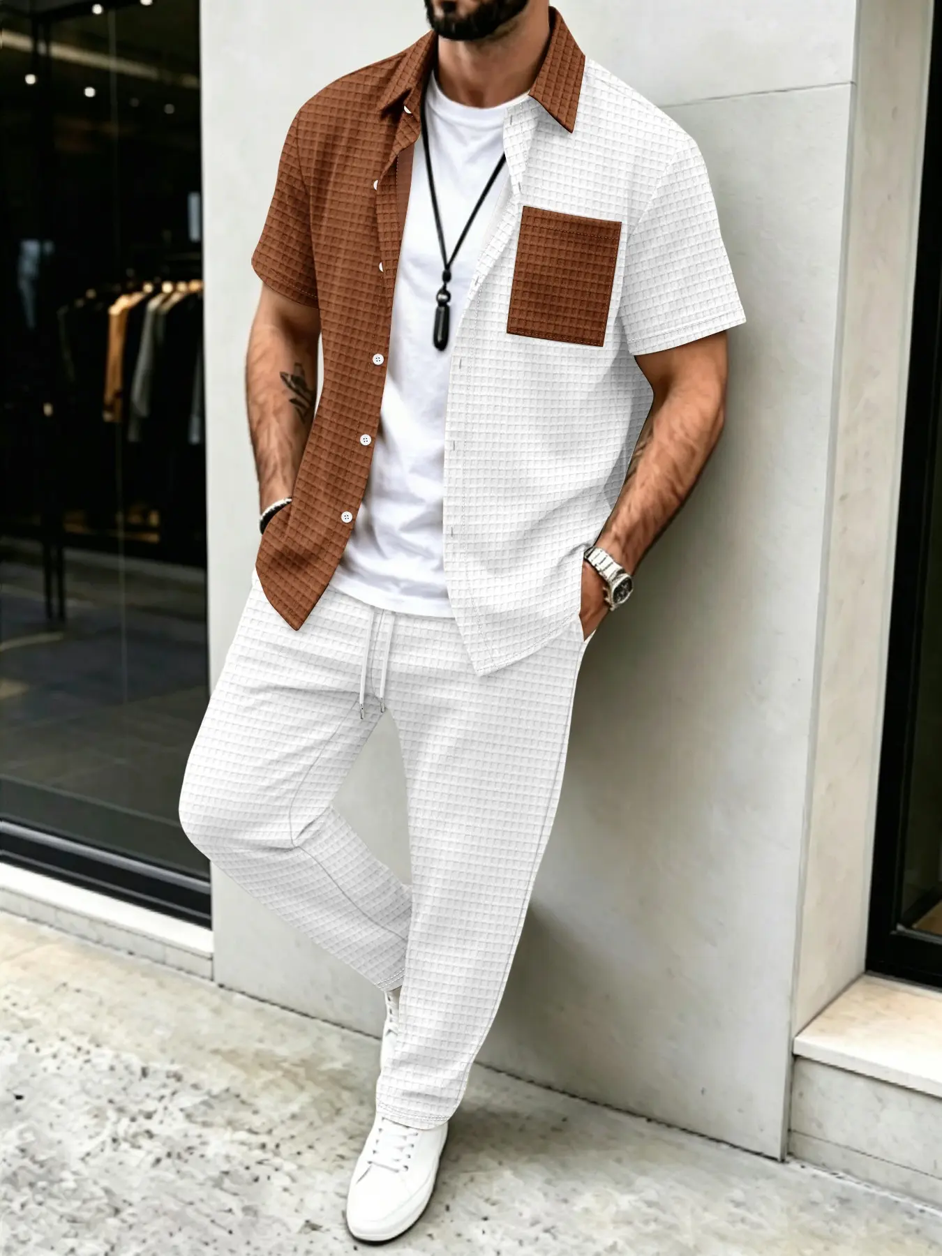 Men's Two-Piece Classic Casual Set, Colorblock Short Sleeve Button-Down Shirt with Chest Pocket + Drawstring Straight Leg Pants, Casual Clothing Set