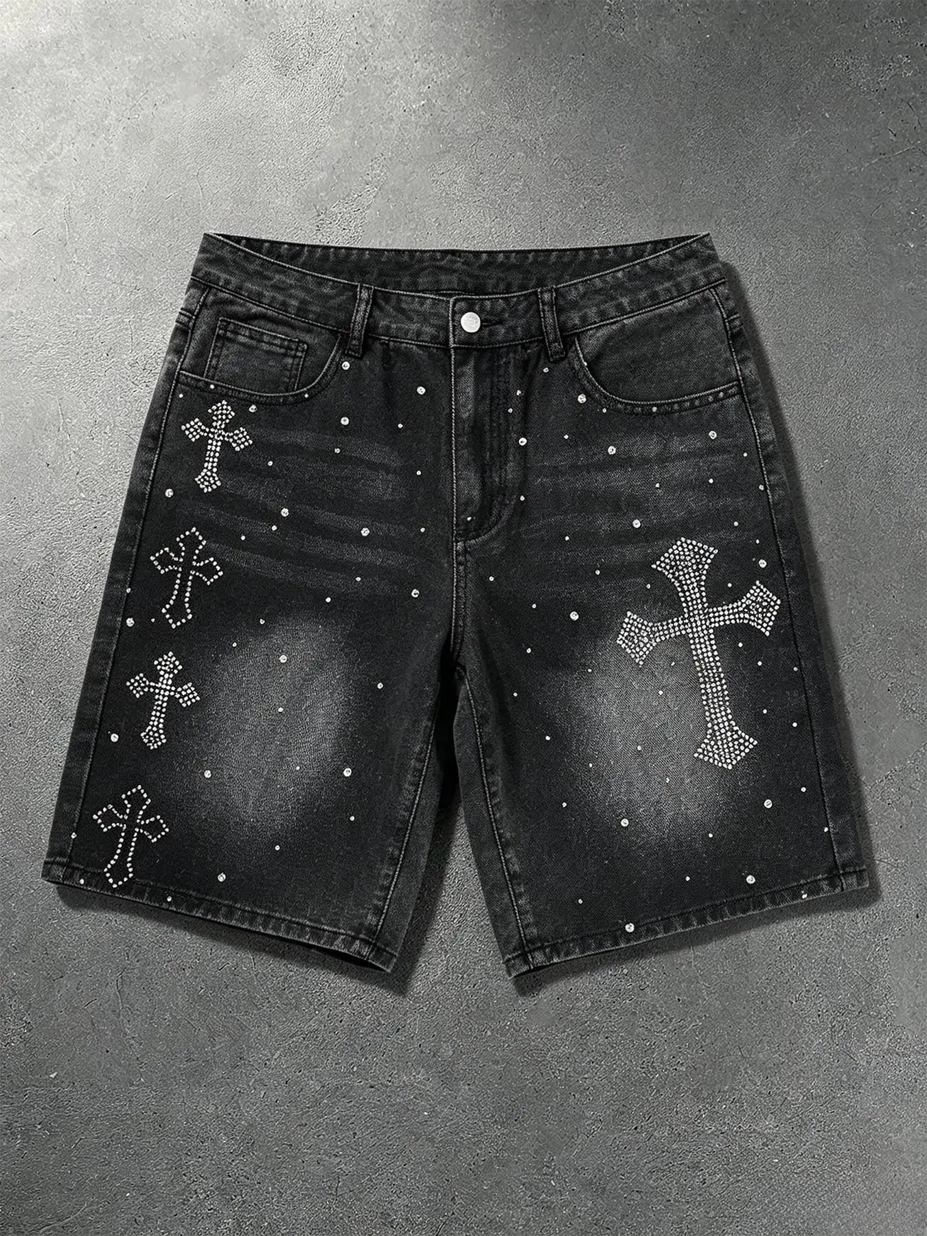Vintage Wash Rhinestone Cross Men's Jeans Shorts, Wide Leg Loose Fit Knee-Length Hip Hop Streetwear Denim Shorts