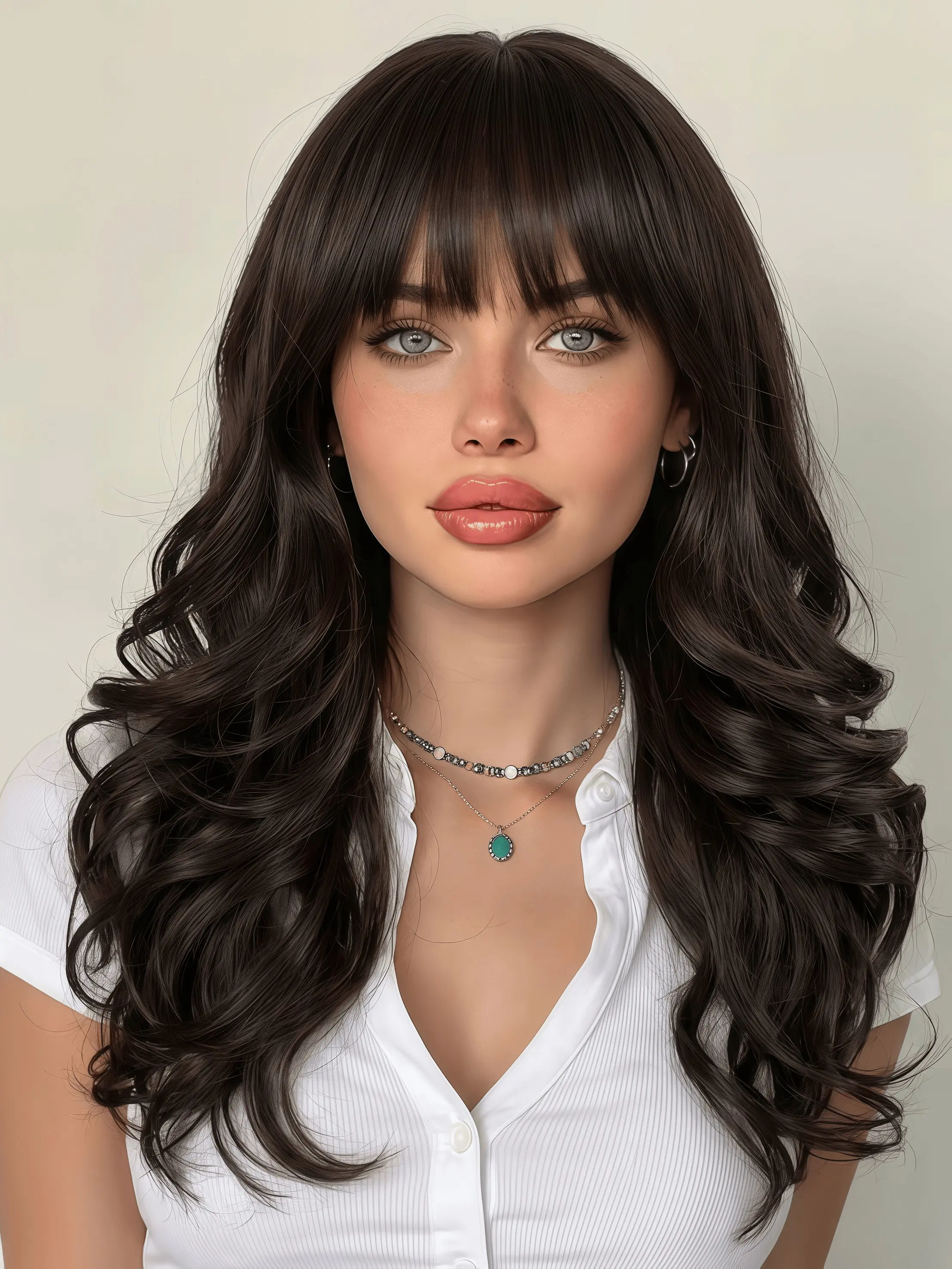 Natural Long Wavy Synthetic Wig with Bangs for Women - 20 Inch Natural Black Curly Heat Resistant Hair - Realistic Scalp for Daily Party Cosplay Use