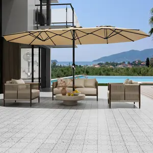 15FT Extra Large Sturdy Double-Sided Rectangle Patio Umbrella with Heavy Duty Base - 12-Rib UV-Resistant Waterproof Polyester Canopy, Adjustable Powder-Coated Steel Pole - Sun Protection Cover for Lawn, Deck, Backyard
