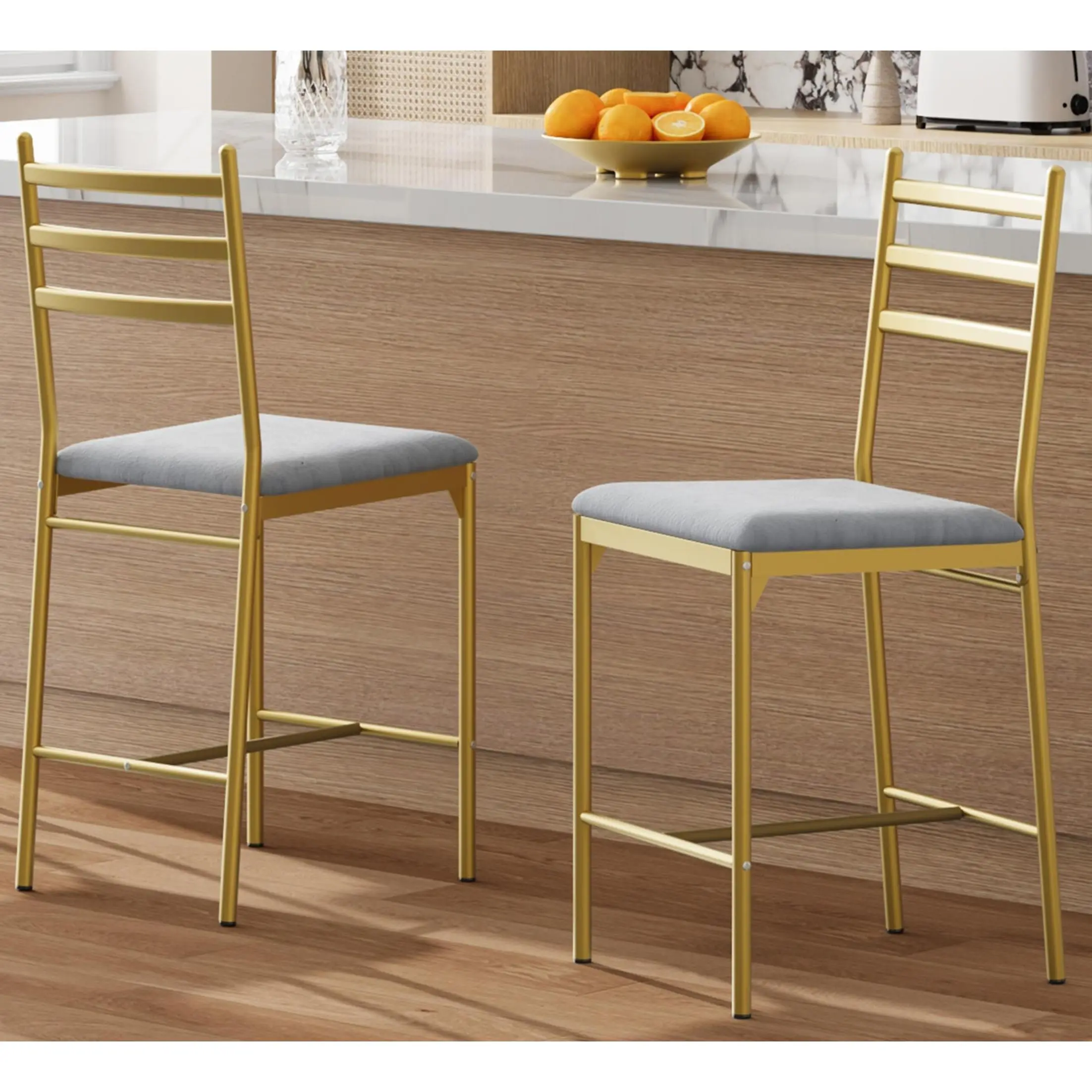 🪑 Retro Gold Counter Height Bar Stools – Upholstered Ergonomic Backrest, Sturdy Metal Frame for Kitchen Island & Home Bar! ✨