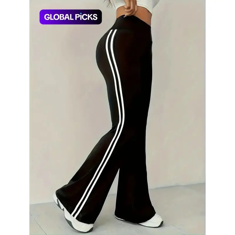 Women's High Waist Drapey Bell Bottoms, Fit Colorblock Sport Pants, Casual Wear, Casual Sporty Pants, Sports Bottoms, Colorblock Sweatpants, Athleisure Style Bottoms, Yoga Workout Trousers, Flared Yoga Bottoms, Activewear Bottoms