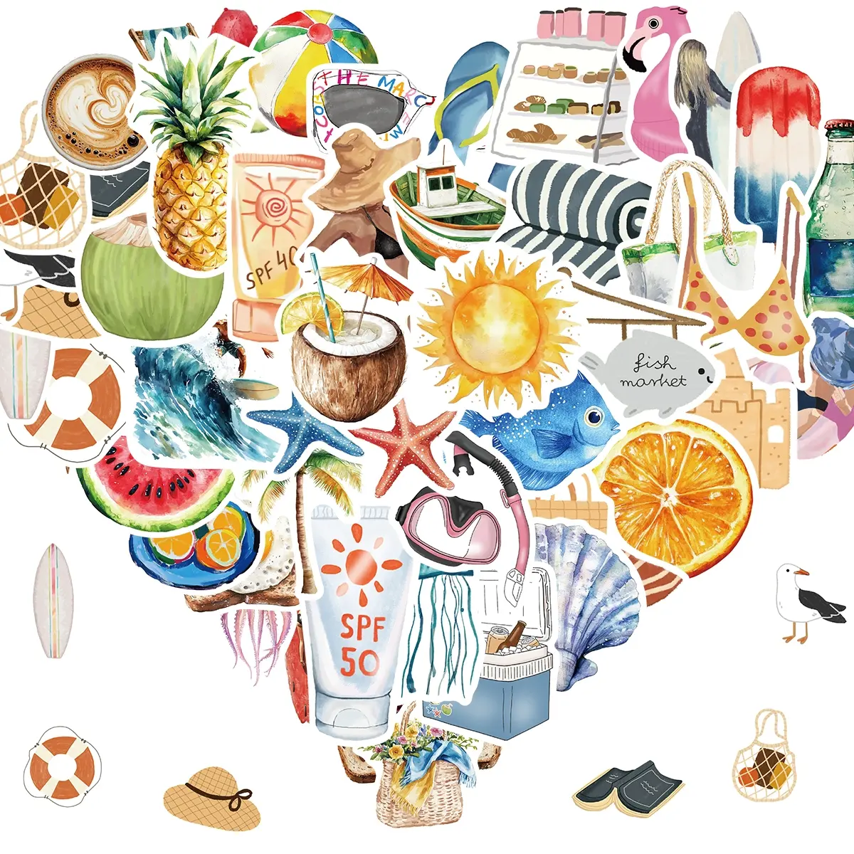 Summer Stickers | 50 PCS Hawaiian Beach Stickers for Kids - Travel Friendly Stickers Vinyl Summer Games Toys Gifts Activities Party Favors Supplies - Tropical Crafts Bulk for Classroom Home - Travel Essential for Kids