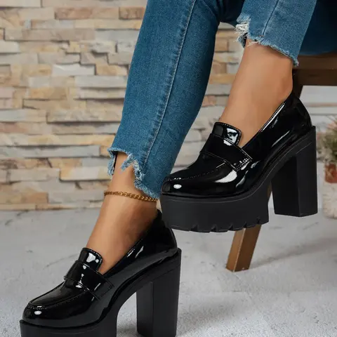 Trendy Classy Y2K Women Platform Loafers Patent Leather Chunky Heel High Heels Slip On Closed Toe Fashion Footwear Fashionable Party Shoes Chic Party Shoes Party Nightclub Shoes Party Footwear