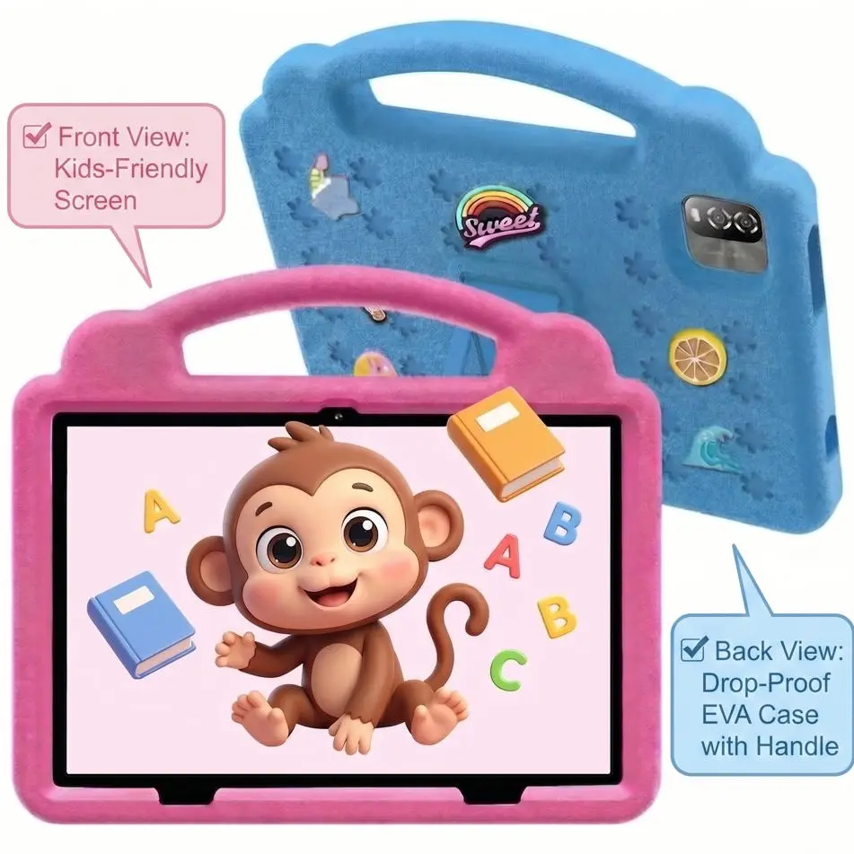 10.1 Inch Kids Tablet, 4GB RAM 64GB ROM, Android 12, Dual Camera, Kid-Proof Case with Handle, Durable WiFi Learning Tablet for Toddlers