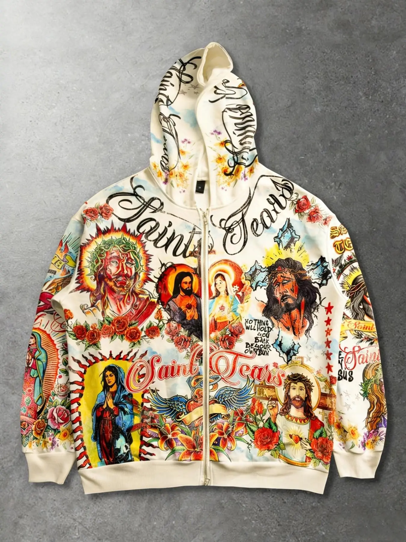 Saint Tears Vintage Religious Portrait Zip-Up Hooded Sweatshirt, Graphic Hoodie Sweatshirt, Unisex, Y2K American Style Long-Sleeve Hoodie Fleece Autumn/Winter Virgin Mary Jesus Print Hoodie Street Style Sweatshirt
