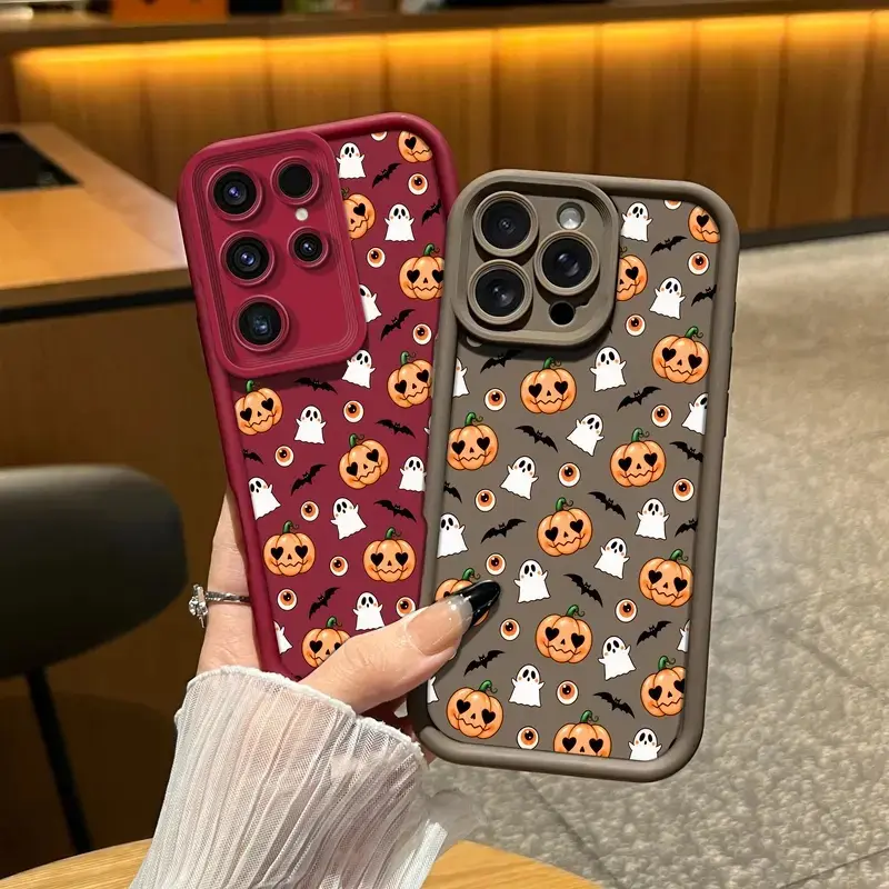 Halloween Pumpkin Ghost Protective Cellphone Case for iPhone 18Pro Max-12 11 XR XS & Samsung Galaxy S26-S22 A71 A56, Cute Spooky Bat Eyeball Design, Bumper Drop Protection, Rugged Durable Back Casing, Handheld Devices Gift for Women JL122A