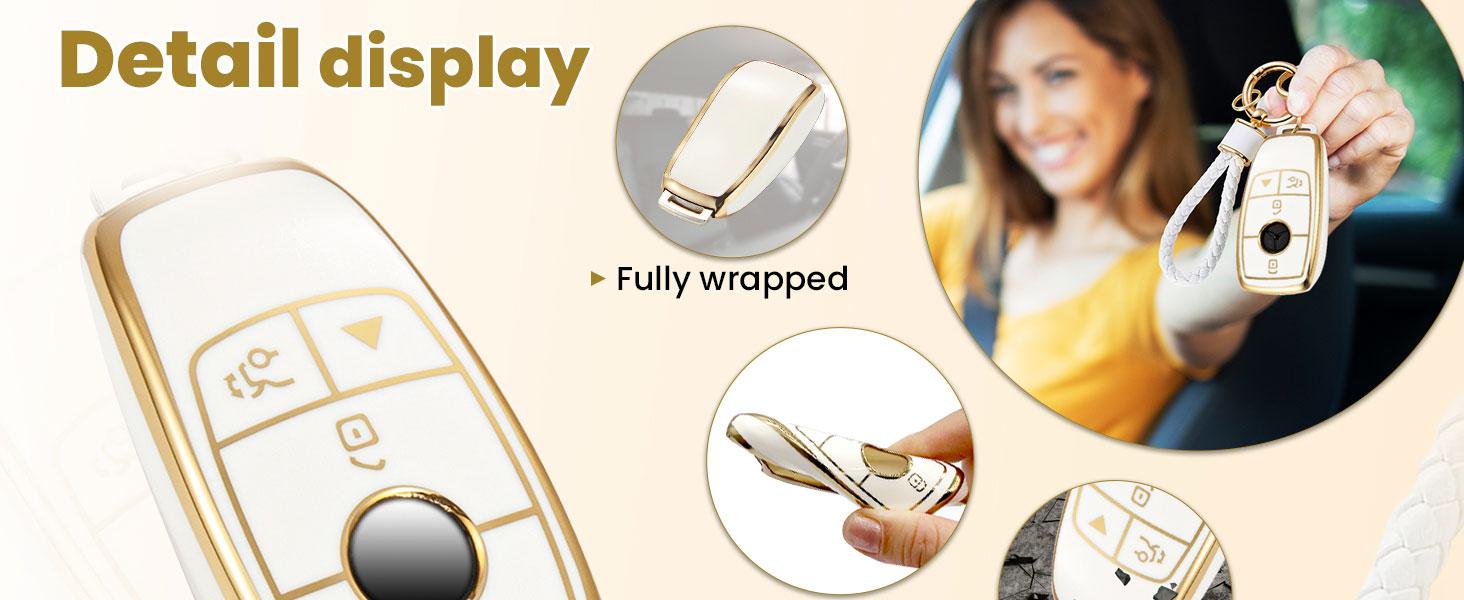 for Mercedes Key Fob Cover with Metal Braided Rope Keychain, Upgraded Soft Case for Benz GLC GLE GLA GLB GLS AMG A G Class (4 Buttons) Shell (Gold Edge, B2)