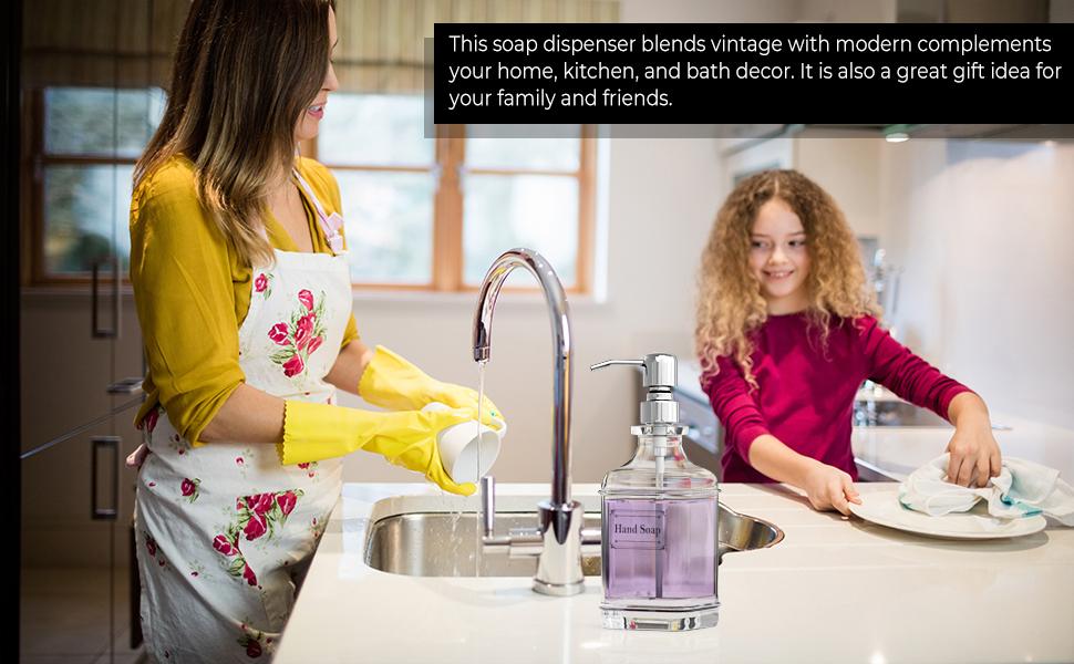 Soap Dispenser - 2 Pack, 18 Oz Antique Design Thick Glass Hand Soap Dispensers; with 304 Rust Proof Stainless Steel Pump, 6Pcs Clear Stickers, for Kitchen, Bathroom - Silver