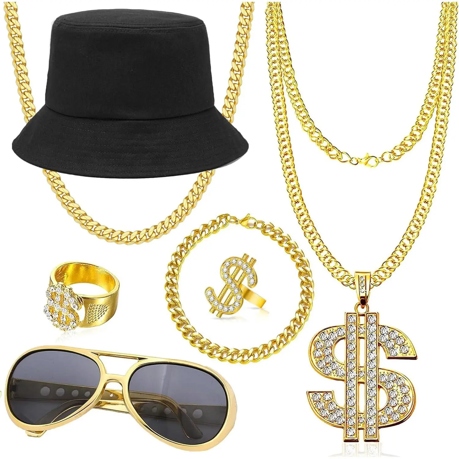 80S/90S Hip Hop Costume Kit, Unisex Rapper Accessories Set with Zinc Metal Dollar Symbol Jewelry, Faux Diamonds, Gold Chain & Sunglasses for Halloween Party Wear, Usd Motif, 1 Pair Of Rapper Sunglasses, 1 Rope Chain Bracelet, 1 Fake Gold Chain