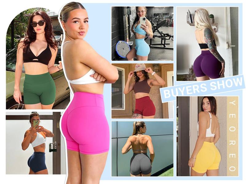 YEOREO Women's Biker Shorts 4.5" Hidden Scrunch High Waist Tummy Control Gym Yoga Running Impact Blue Plain Stretchy Fabric Active Skort Skirt