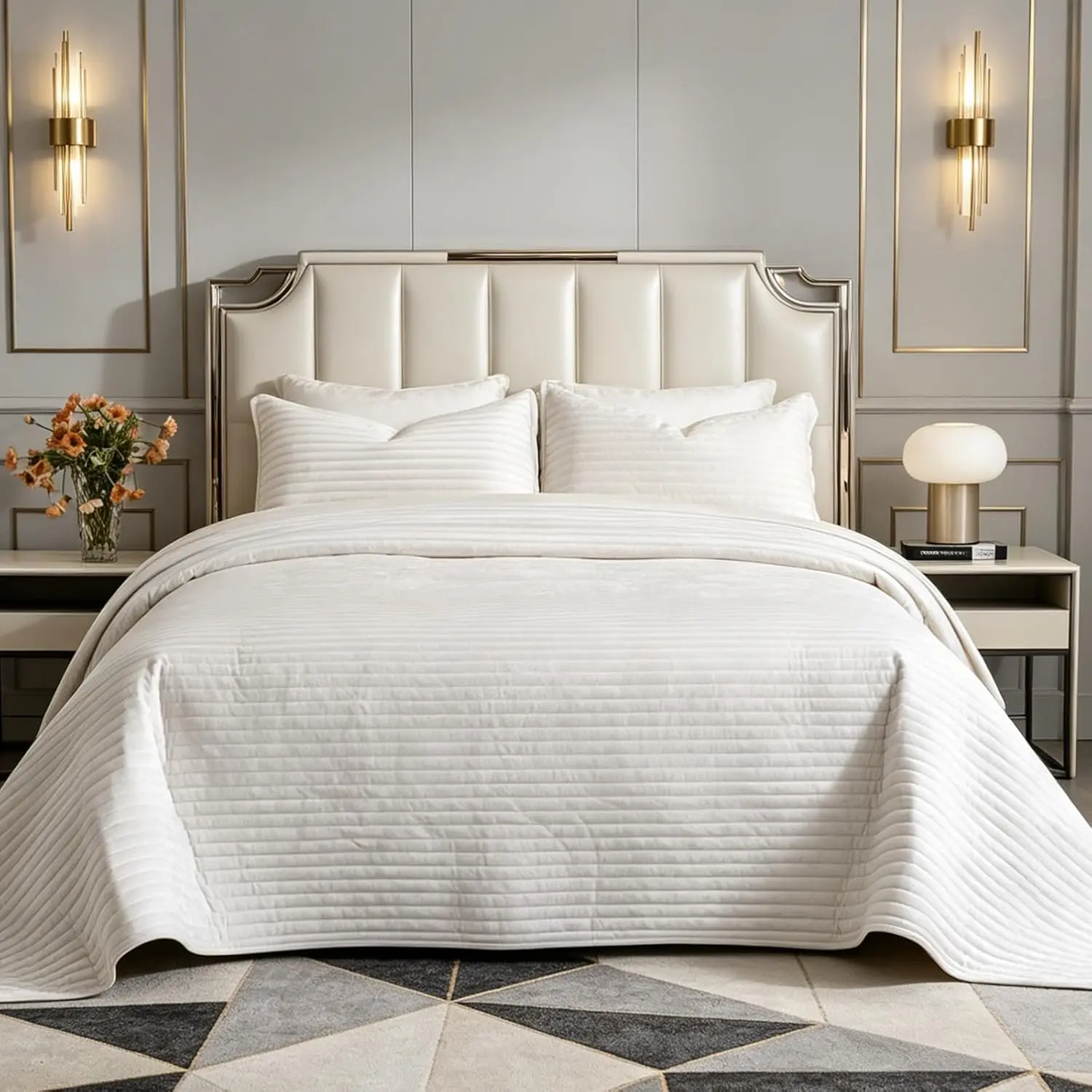 3 count Luxurious    Quilt Bedding Set 120x128 Striped Bedspread Coverlet Quilted Set with 2 Pillow Shams 20x36 Ultra Soft Comforter for  , Cream