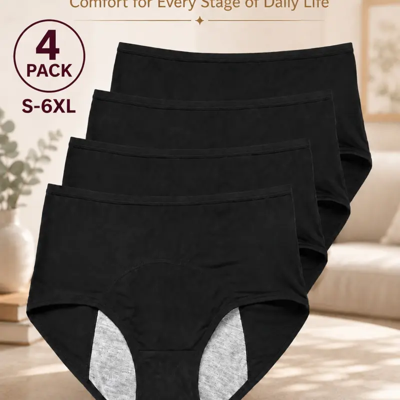 4-Pack Women's Mixed Color Period Underwear, Full Coverage Comfort Fit, Soft Breathable Triangle Panties, Ideal for Daily and Menstrual Use